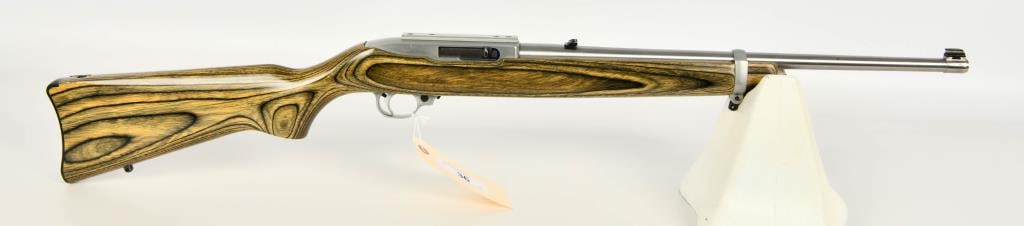 Stainless Ruger 10/22 Semi Auto Carbine Rifle .22: Up Next We Have a Stainless Ruger 10/22 Semi Auto Carbine Rifle Chambered in .22 LR, Laminate Wood Stock, Front Sight, Flip up Rear Leaf Sight, Comes With One Factory Rotary Mag, and Appears Overall i