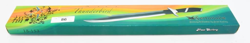 NIB Frost Cutlery Thunderbird Fantasy Machete: Attention Bidders, we are thrilled to present a NIB Frost Cutlery Thunderbird Fantasy Machete. This striking machete features a 25" overall stainless steel blade with black brushed stainless bolsters