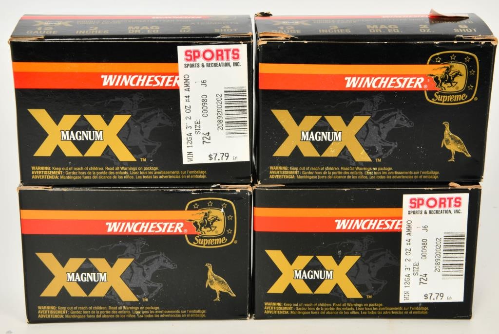 40 rds Winchester XX Copper Plated 12 Gauge Ammo: lot contains 4 boxes or 40 rounds of the Winchester Double X Copperplated Lead shot Turkey loads- 12 gauge 3 inches MAG DR EQ and 2 oz 4 shot, the double x is apparently the MAGNUM load, Winchester is