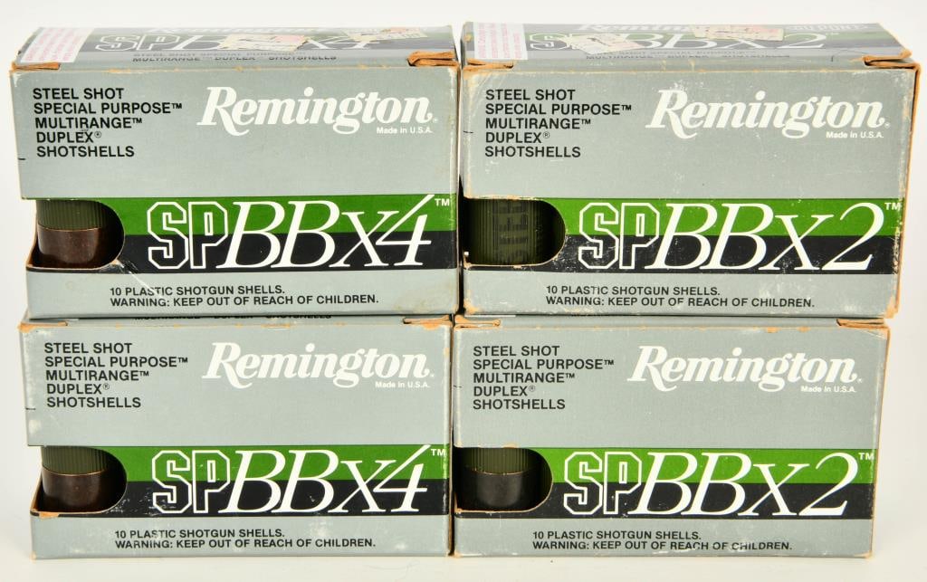 39 rounds Remington 12 GA steel shot ammo: lot contains two boxes or 20 rounds of the 12 Gauge Steel shot shells by Remington these three boxes are SPBBx4 2 3/4 inche MAX DREQ and 1 1/8 oz and then we have two boxes and only 19 rounds of the R