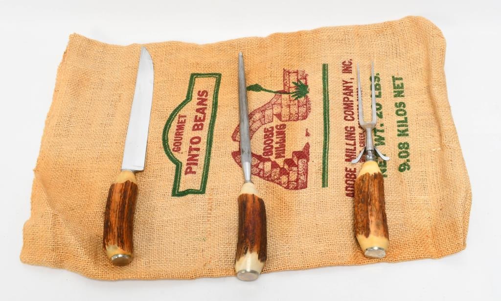 Stag Handle Carving Set Case XX Chromium Carver: lot contains Stag Handle Carving Set, the Chromium Carver Knife shows CASE XX on the blade, very sharp blade measures approx 8" in length, then we have the Stag handle Fork and the Stag Handle Sharpen