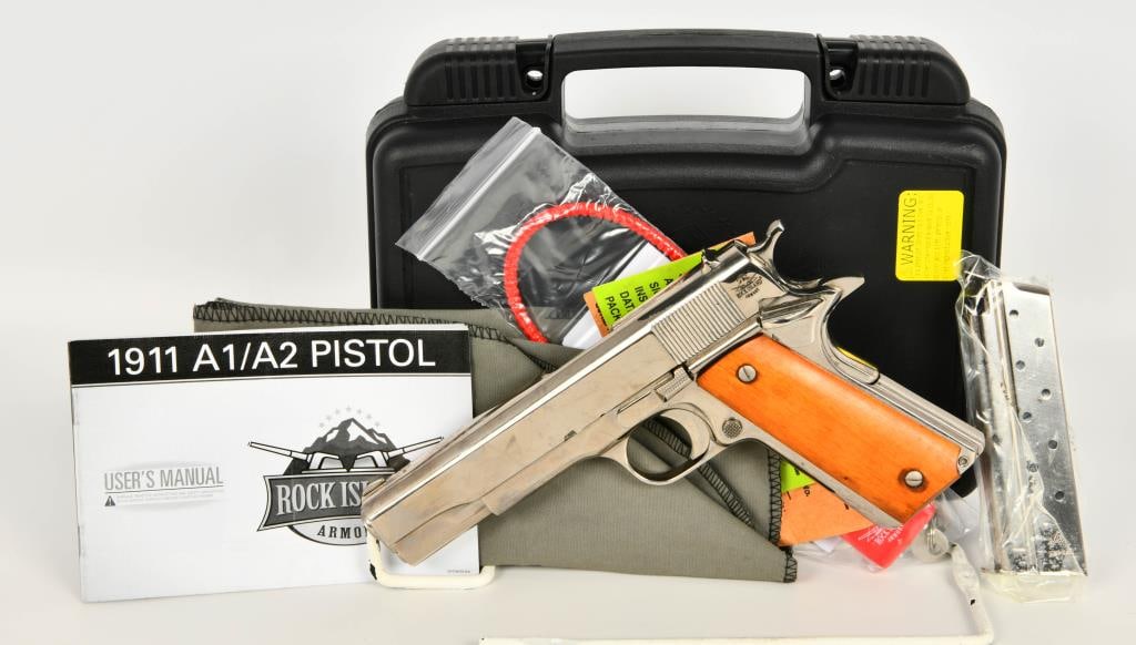 Rock Island Armory M 1911 GI Standard .38 Super: Up Next We Have a Rock Island Armory M1911-A1 GI Standard Semi Auto PIstol in Nickel Finish, Chambered in .38 Super, It Appears as Brand New and COmes With One Magazine in The Factory Hardcase and Pap