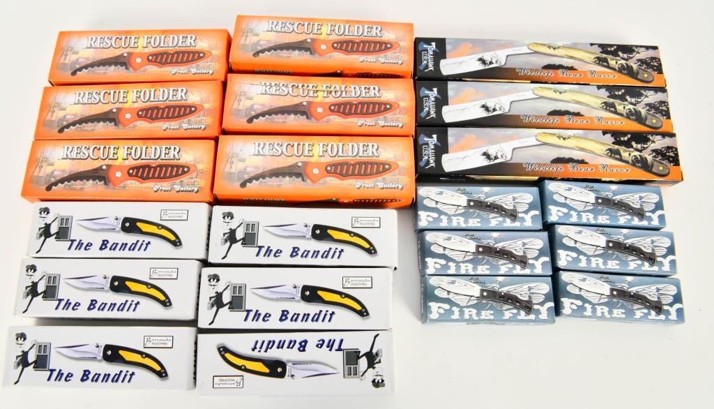 21 NIB Frost Cutlery Folding Pocket Knives: We are excited to present 21 NIB Frost Cutlery folding pocket knives. This collection features a range of sizes, colors, and designs, each brand new in its original packaging.