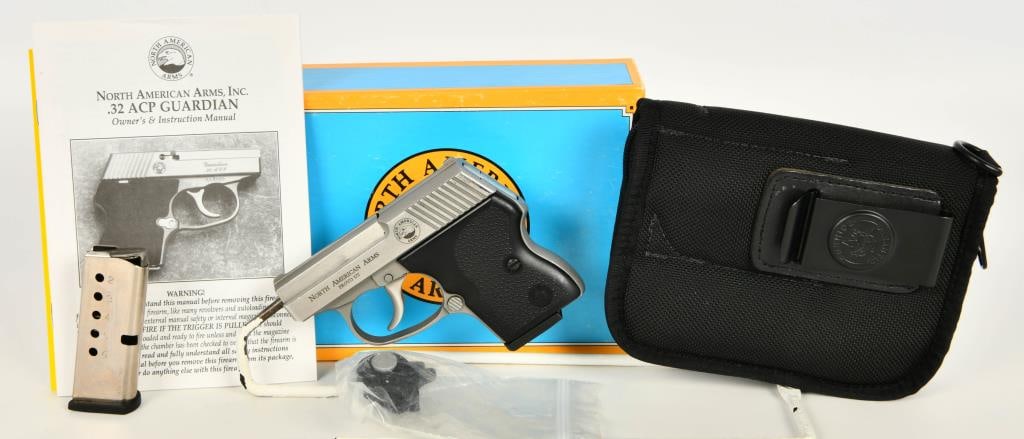 North American Arms Guardian .32 ACP: Up Next We Have a North American Arms Guardian Semi Auto Pistol Chambered in .32 ACP, 2.19" Barrel, Comes With Two 6 Round Magazines, and a Zippered Holster Case, Fixed Blade Sights, Hard Rubber Grips