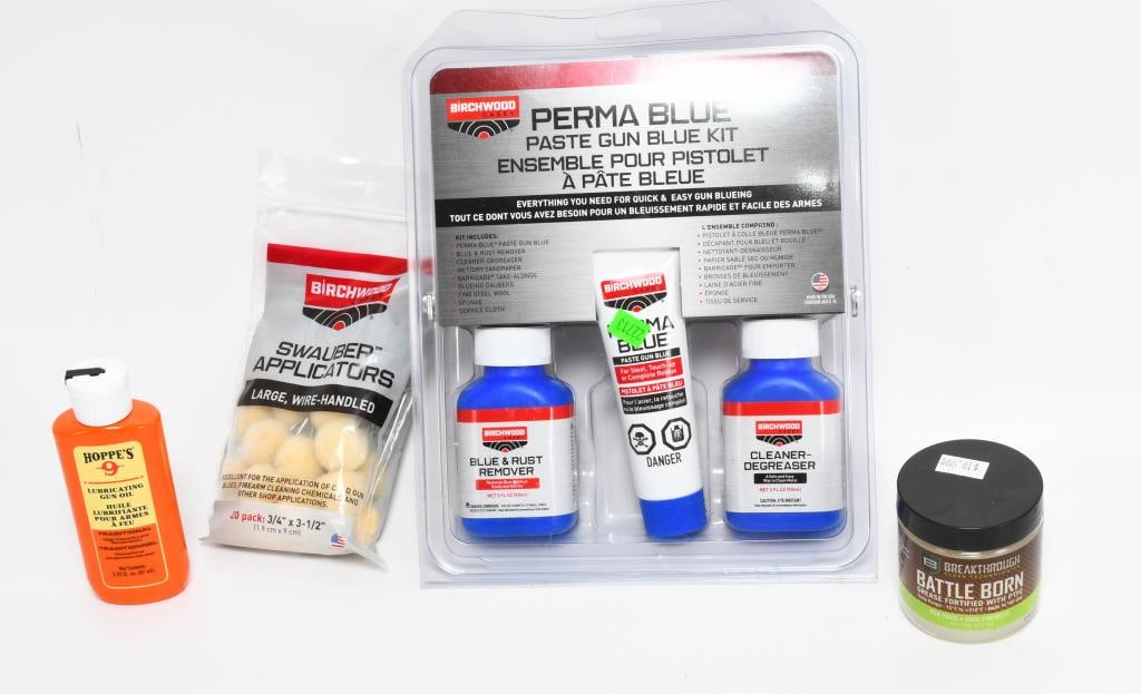 NIP Perma Blue Kit W/ Gun Oil, & Swaubers New: We are pleased to offer a NIP Perma Blue kit with gun oil and swaubers. This lot includes a Birchwood Perma Blue paste gun blue kit, new Birchwood swaubers, Hoppes gun oil, and new Battleborn grease. 
