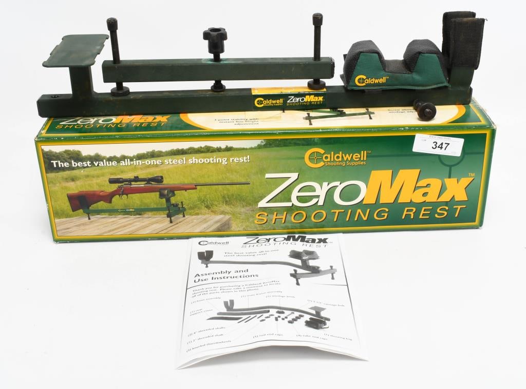 Caldwell Zero Max Shooting Rest: lot contains a nice pre owned Caldwell Zero Max Shooting Rest with box and instructions. Place the rear of the firearm in the rear sling and support the front of the fireearm on the shooting bag, easy
