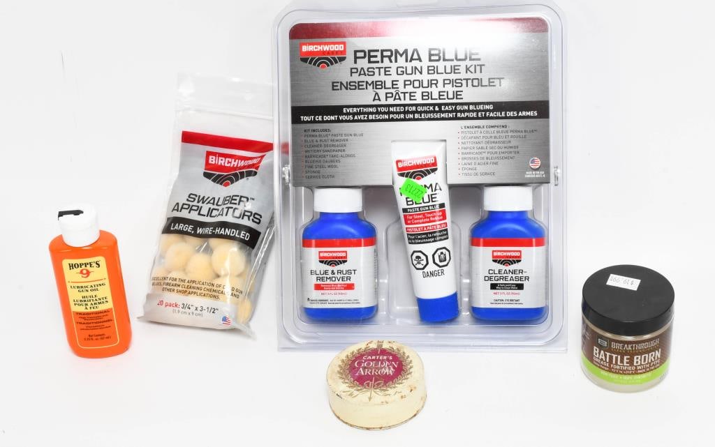 NIP Perma Blue Kit W/ Gun Oil, & Swaubers New: We are pleased to offer a NIP Perma Blue kit with gun oil and swaubers. This lot includes a Birchwood Perma Blue paste gun blue kit, new Birchwood swaubers, Hoppes gun oil, and new Battleborn grease. 