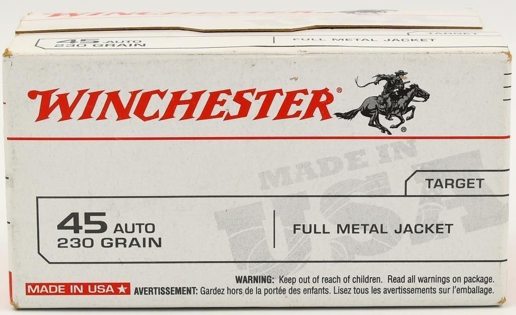100 Rounds Of Winchester USA .45 ACP Ammunition: 100 Rounds Of Winchester USA .45 ACP Ammunition 230 Grain FMJ 835 fps Many prefer the larger, heavier.45 ACP pistol round to the 9mm, and Winchester produced a cost-effective, accurate round to train 