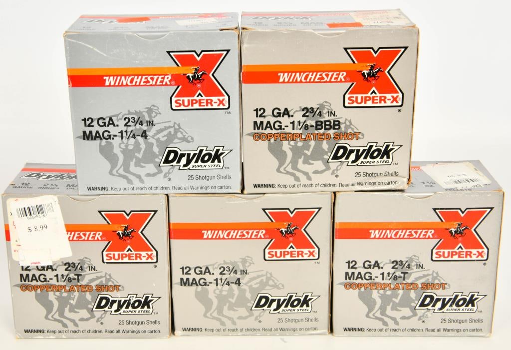 125 Rounds of Winchester 12 Gauge Shotshells: Here We Have 125 Rounds of Winchester Super-X Drylok Super Steel 12 Gauge Shotshells, 2 3/4" Shells, Various Shot.