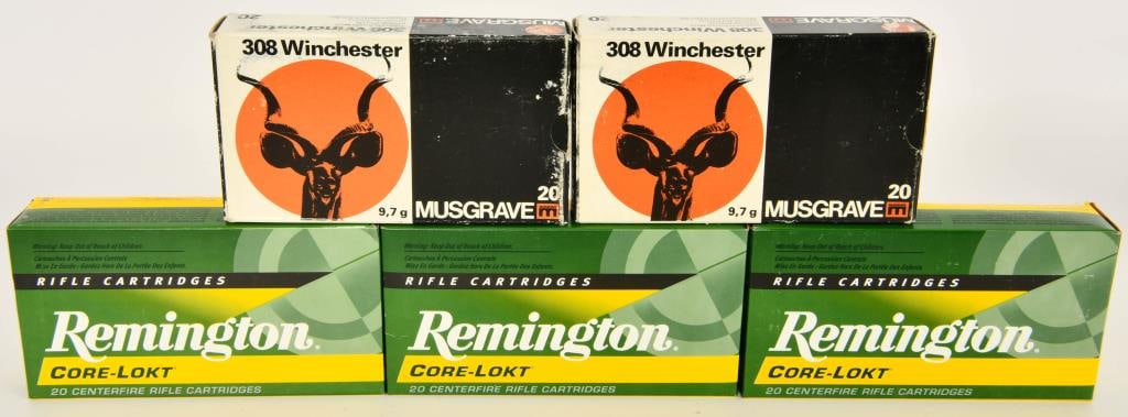 100 Rounds Of .308 Winchester Ammunition: Here we have 100 rounds of .308 Winchester ammunition. This lot includes 60 rounds of Remington 180-grain soft points and 40 rounds of Winchester Musgrave ammo.