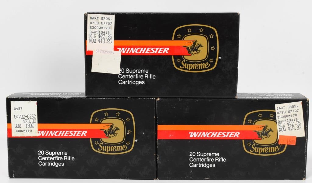 60 Rounds Of Winchester .300 Win Mag Ammunition: Greetings bidders! Presented here are 60 rounds of Winchester .300 Win Mag ammunition, featuring Supreme 190 Grain Silvertip Boat Tail rounds.