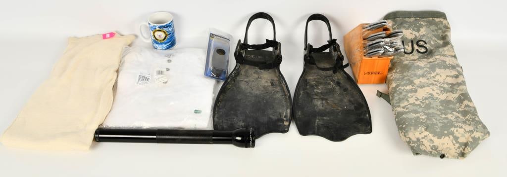 Lot of misc items; Mag light, Limbsaver, militar: Lot of misc items; US marked Military laundry bag, super nice pre owned condition, NIP Limbsaver grind to fit recoil pad, medium, United States Navy coffee cup, Large black Mag-lite, Extreme cold weat