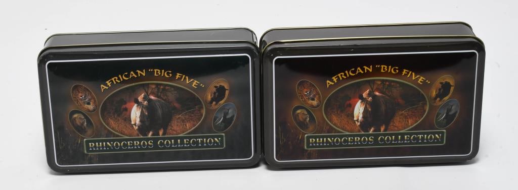 2 New African Big Five Rhinoceros Knives: Attention Bidders, we are excited to offer 2 new African Big Five Rhinoceros knives, each housed in a collector tin container. These stunning knives are perfect for enthusiasts and collectors, featuri