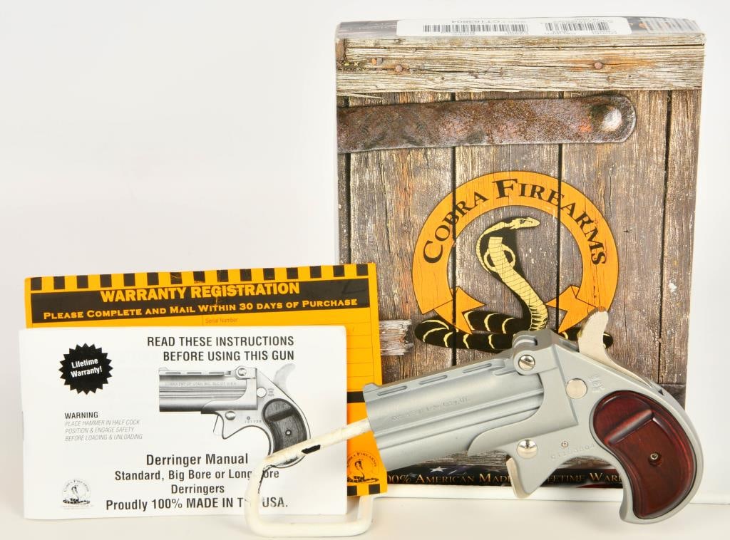NEW Cobra Enterprises CB9 Big Bore Derringer 9mm: Up Next is a Brand New Cobra Enterprises CB9 Big Bore Derringer Chambered in 9mm Luger 2.75" Barrels, 2 Rounds, Rosewood Grips, Satin Finish. Specifications and Features: 9mm Luger 2 Rounds Fixed Sigh