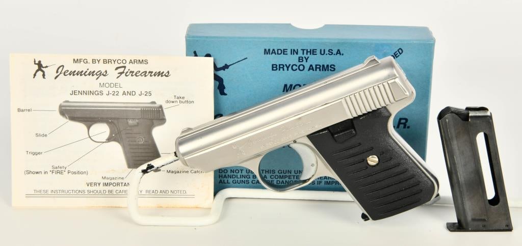 Bryco Jennings Model J-22 Semi Auto Pistol .22 LR: Here We Have a Nickel Bryco Jennings Model J-22 Semi Auto Pocket Pistol Chambered in .22 LR, Plastic Grips, Comes With Two Magazines and in The Factory Box With Paperwork.
