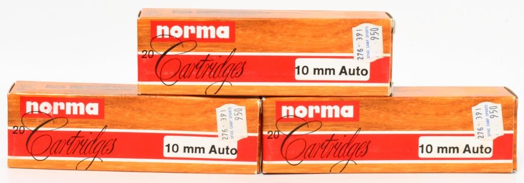 60 Rounds of Norma 10mm ACP Ammunition: Next are 60 rounds of Norma 10mm ACP ammunition, featuring 170-grain hollow point bullets. These rounds are designed for reliable performance and effective stopping power, making them ideal for both s