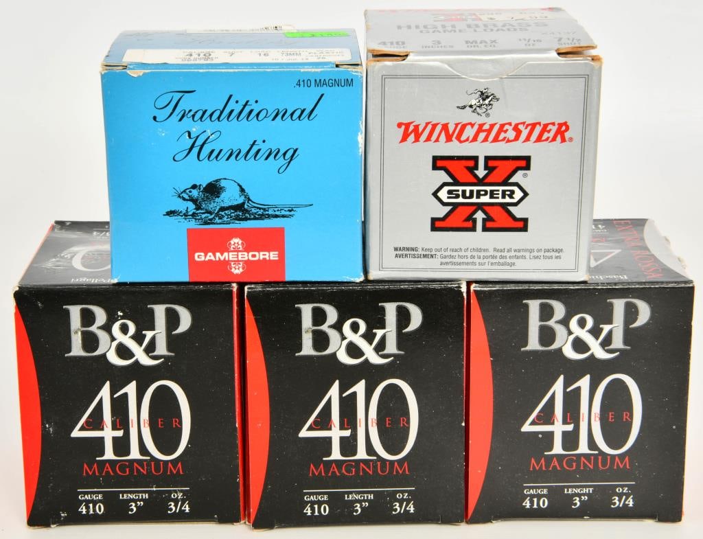 125 Count of .410 Magnum Shotshells: Here are 125 Count of Mixed .410 Magnum Shotshells, 75 B&P Baschieri & Pellagri, 25 Winchester High Brass Game Loads, 25 Gamebore Traditional Hunting Loads.