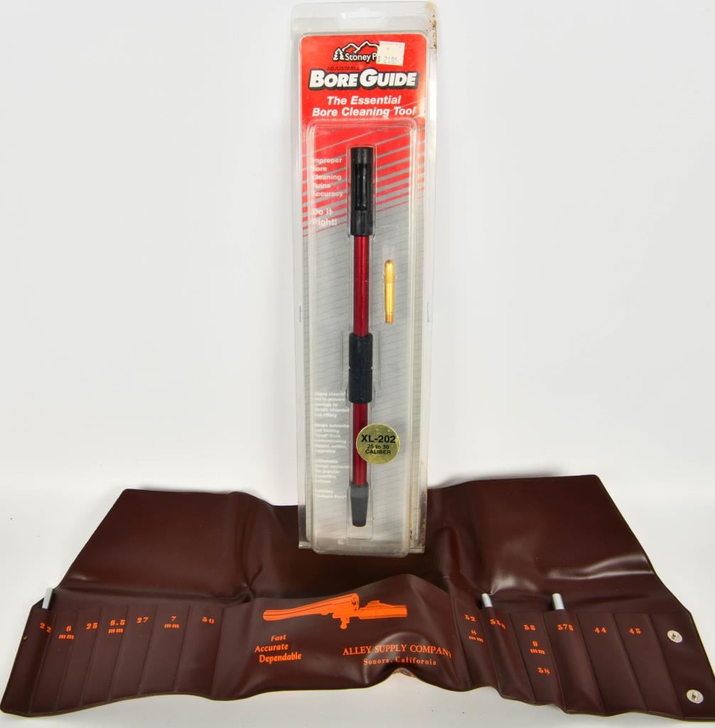 Bore Guide XL-202 and Bore sighter w/rods: lot contains new in the package Stoney Point Adjustable Bore Guide, the essential bore cleaning tool, XL-202 25 to 30 Caliber and a Bore Sighter with 338 rod, 375 rod and 22 rod and storage container,