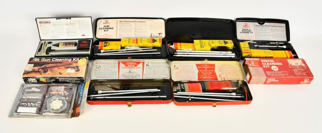 Various Gun Cleaning Kits approx (7): 1- Kleen Bore Gun Kit Universal Rifle-Handgun-Shotgun -appears as pre owned liquid in bottle appears 1/2 full, nice kit in storage container 1- Outers Pistol Cleaning Kit (vintage design) appears neve