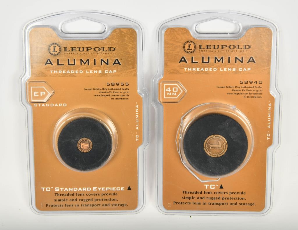 2 NIP Leupold Alumina Threaded Lens Caps: Here are two new in package Leupold Alumina threaded lens caps. One is a 40mm TC, and the other is an EP Standard. These high-quality lens caps provide excellent protection for your optics