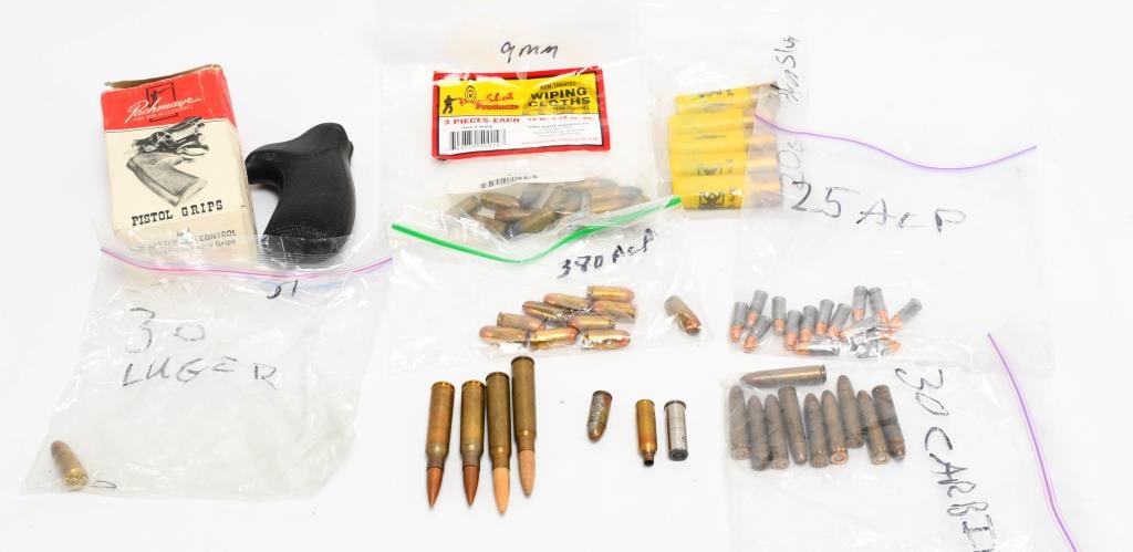 Lot of Various Caliber Ammunition & 1 Set Of Grips: We are pleased to present a lot featuring various caliber ammunition and a set of grips. This collection includes .380 Auto ammo, .25 ACP, and .30 Carbine cartridges, along with a set of Pachmayr revo