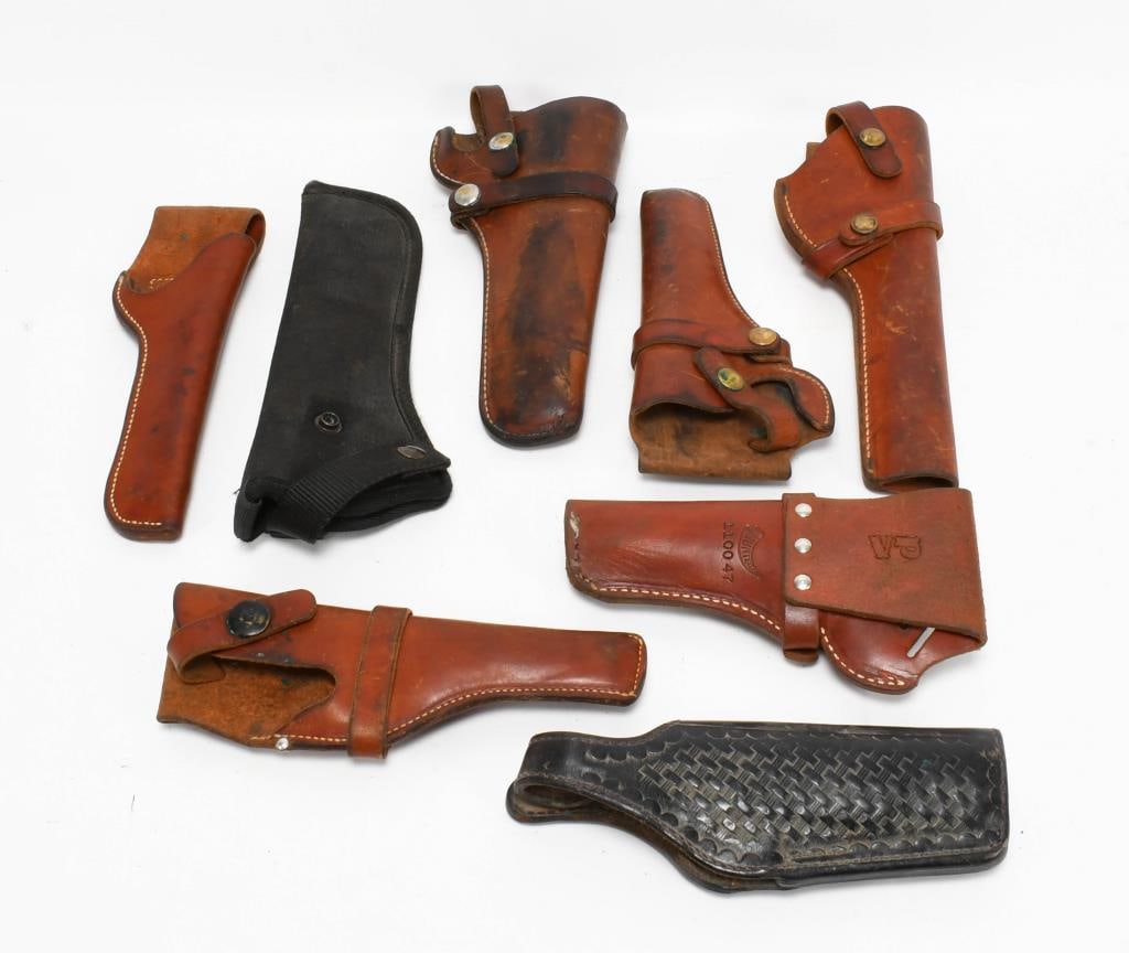 (7) Various 6 Leather 1 Nylon; Hunter Bianchi Brau: lot contains 7 total holsters, six are leather goods and one is of course the great Uncle Mikes nylon holster, this one comes as nice pre owned size 9 holster with a length of approx 10.25" then we ha
