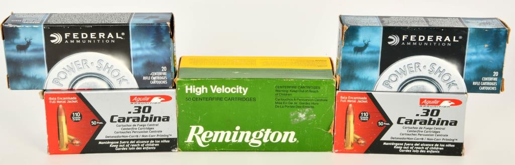 172 Rounds Of .30 Carbine Ammunition: Greetings, valued bidders! Available now are 172 rounds of .30 Carbine ammunition. This lot includes 100 rounds of Aguila 110-grain, 36 rounds of Federal Power-Shok 110-grain, and 36 rounds of Remingt