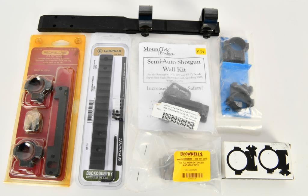 Gunsmithing Accessories Lot: Heres a comprehensive gunsmithing accessories lot featuring a variety of high-quality components. Included is a new Redfield complete steel JR scope mounting system, a Leupold Backcountry scope mount