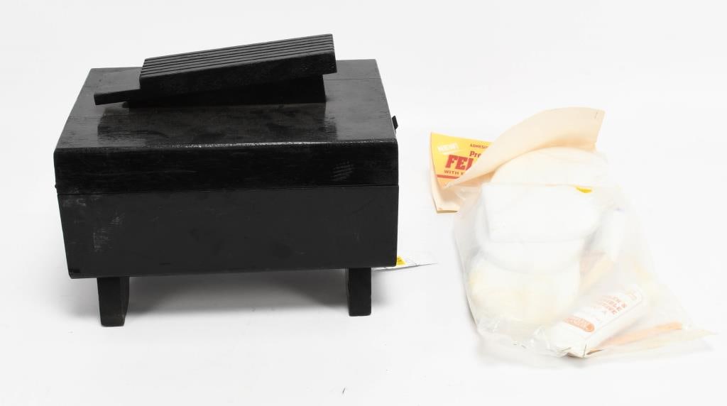 Shoe Polishing Box W/ Polish, Brush & Felt Soles: Kit; We are excited to offer a shoe polishing box kit that includes everything you need for top-notch shoe care. The lot features a wooden shoe polishing box, along with polish, brushes, and new-in-pa