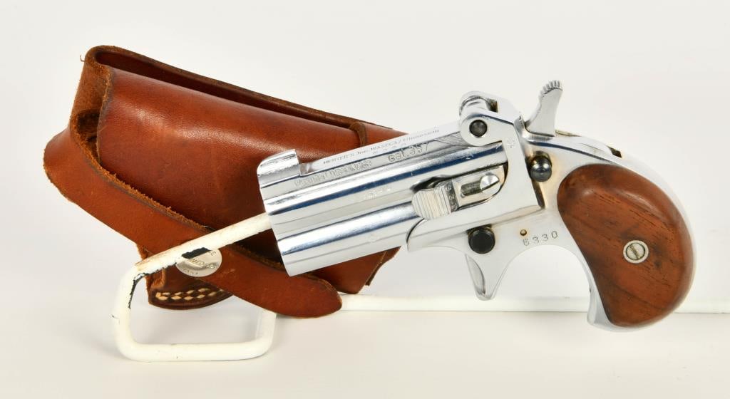 Herters Western Derringer .357 Pocket Pistol: Up Next We Have a German Herters Western Derringer Pocket Pistol Chambered in .357 Magnum, Nickel Finish, and Comes WIth a Nice Lawrence Leather Holster, Appears in Excellent Condition.