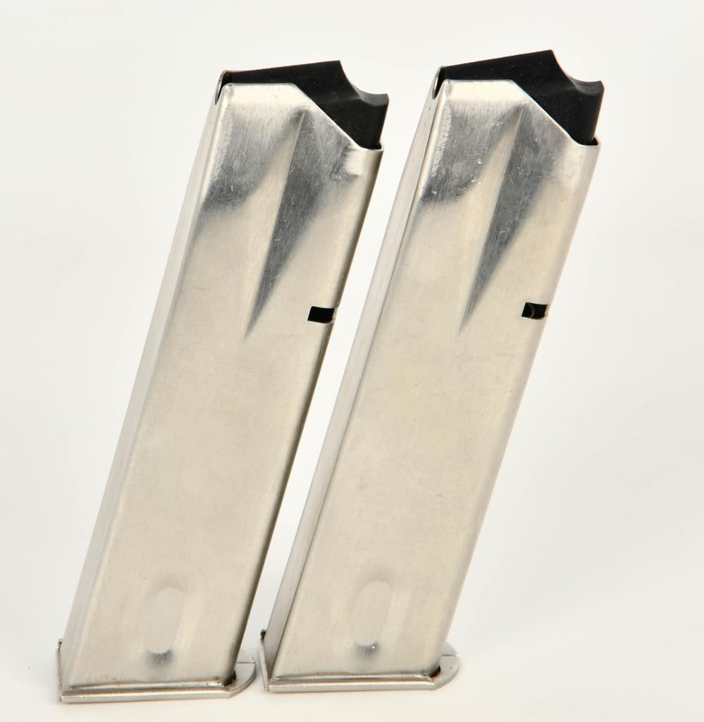 (2) 9mm Metal Mags 10 rd each mag flat floor plate: lot contains 2 unmarked 9mm metal mags with flat floor plate, each mag appears to hold 10 rounds comes with black follower