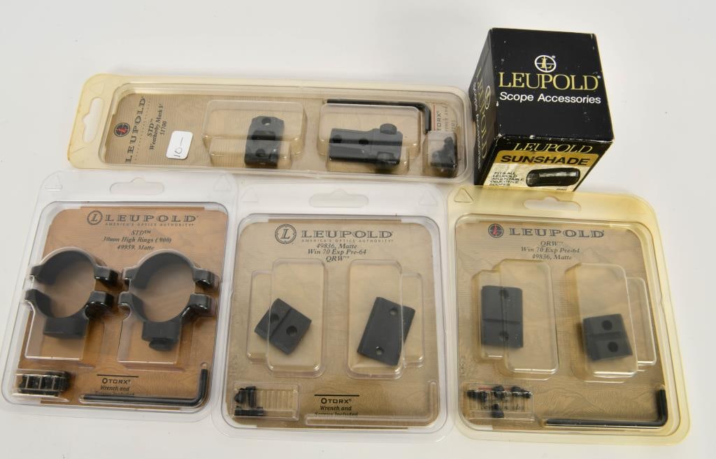 Leupold Lot: Rings & Base, Sunshade: Leupold Sunshade, fits all Leupold Adjustable Objective Scopes, Comes in the original box, then we have NIP Leupold STD 30mm High Rings with screws and tool #49959 Matte, We have two packages of Leupo