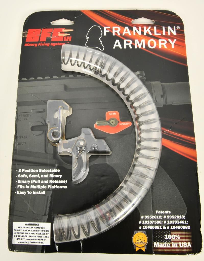 Franklin Armory BFSIII AR-C1 Trigger: The Binary Firing System GEN 3 (BFSIII) is a 3-position AR-15 trigger. In position 3 it fires one round on pull and one round on release, making this trigger ideal for both tactical and competition us