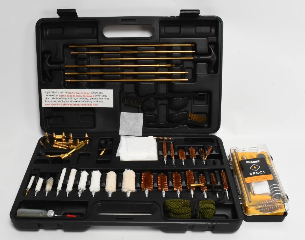 Gunsmithing Bore Cleaning Kit & Pistol Cleaning: Kit Bidders, take note! This lot includes a comprehensive gunsmithing bore cleaning kit with a variety of sizes and cleaning rods, plus a Sig Sauer Spec1 pistol cleaning kit designed for 9mm, .357, .4