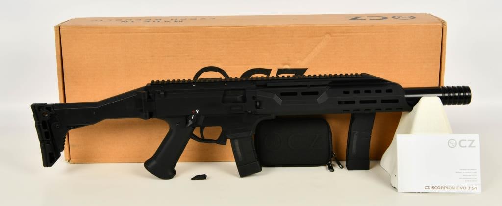 Brand New CZ Scorpion EVO 3 S1 Carbine 9mm: Up Next We Have a Brand New CZ Scorpion EVO 3 S1 Carbine Chambered in 9mm Luger, 16.2" Barrel, Comes With Two 20 Round Magazines, Faux Suppressor, Matte Black, and Comes in The Factory Box. Now availa