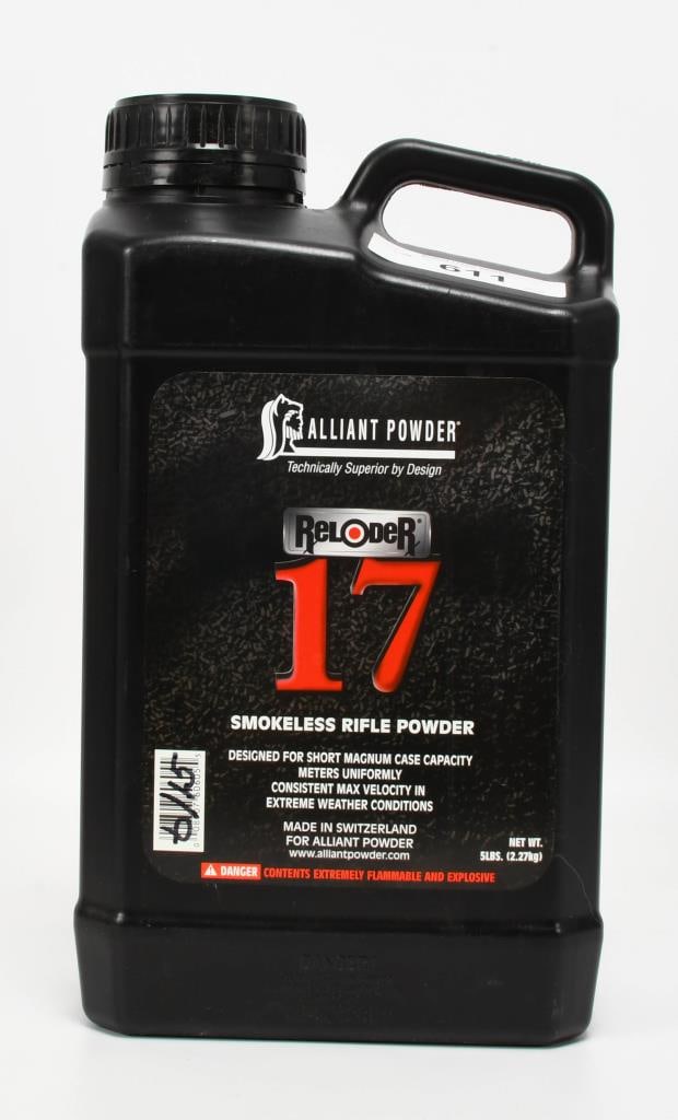 5 LBS Of Alliant Reloder 17 Rifle Gun Powder: Greetings, bidders! Available for auction is 5 lbs of Alliant Reloder 17 Rifle Gun Powder. Designed specifically for short magnum case capacities, this powder meters uniformly and delivers consistent 