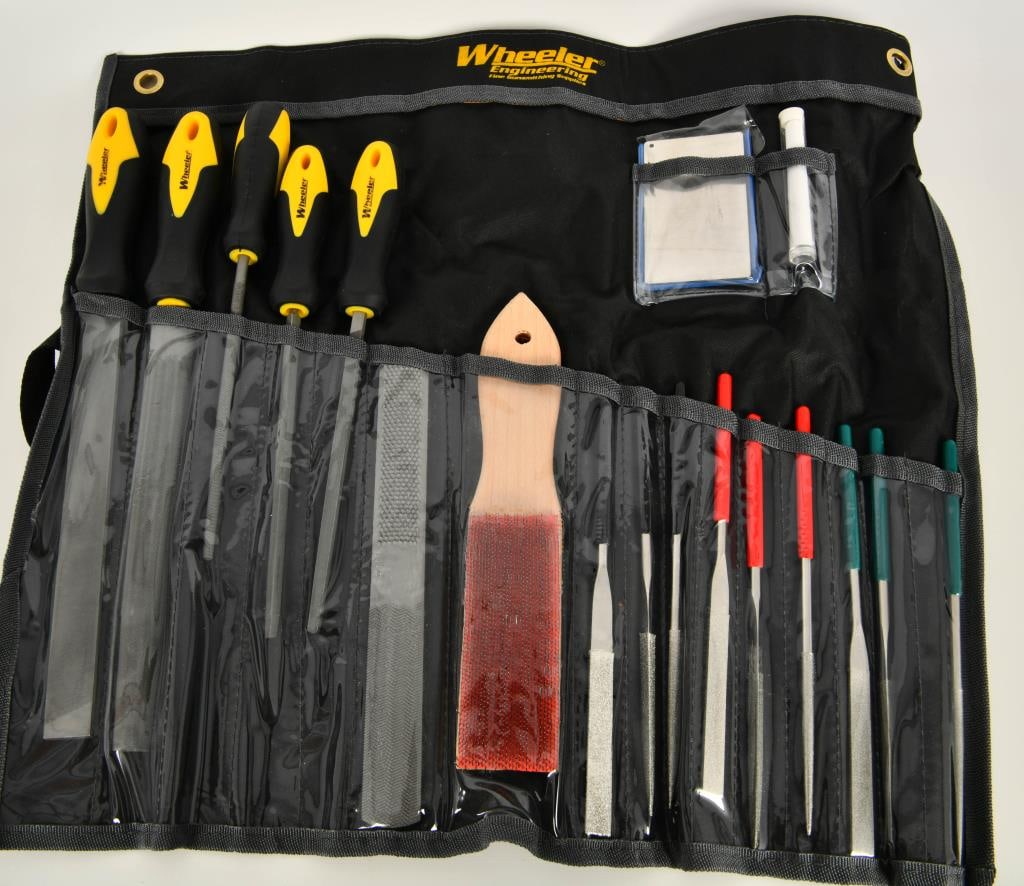 Wheeler Professional Gunsmithing File Set: DIMENSIONS: 17 inches L x 4 inches W SPECS: Includes 18 different files for a variety of uses EASE OF USE: From reshaping stocks to smoothing actions, have the right file on hand CONVENIENT: Includes