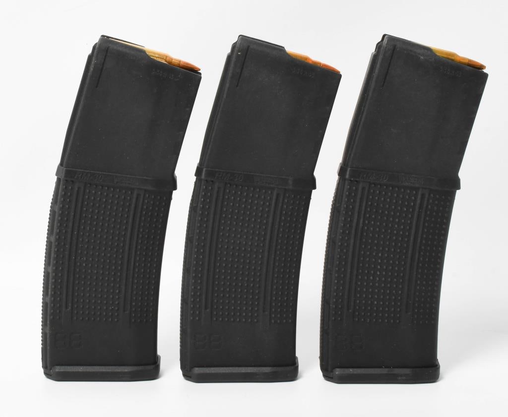 (3) Full AR15 5.56 ProMag RM30 Mags 90 rds: (3) ProMag AR-15 5.56mm Roller Follower (30) Rd - Black Polymer, 30-round magazine with ammunition loaded Fits AR-15 5.56mm rifles Magazine body constructed of a proprietary DuPont Zytel based polymer
