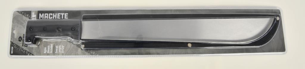 NIP Mossy Oak Outfitters 18in Machete with Sheath: Machetes are one of the more useful edged tools in the world. They have cleared brush, and blazed trails, have chopped wood, made shelters, harvested crops, prepared meals, hunted and protected. Detai