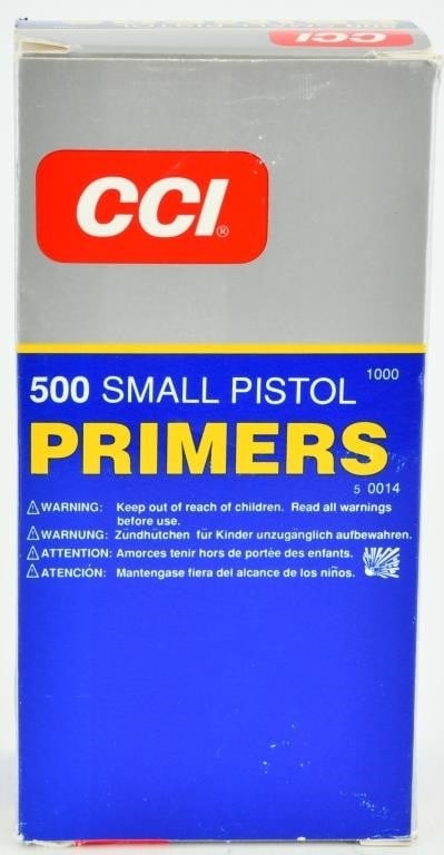 1000 Count Of CCI #500 Small Pistol Primers: 1000 Count Of CCI #500 Small Pistol Primers CCI Primers are continuously tested and improved. As a result today's CCI primers are more sensitive, easier to seat and more compatible with progressive an