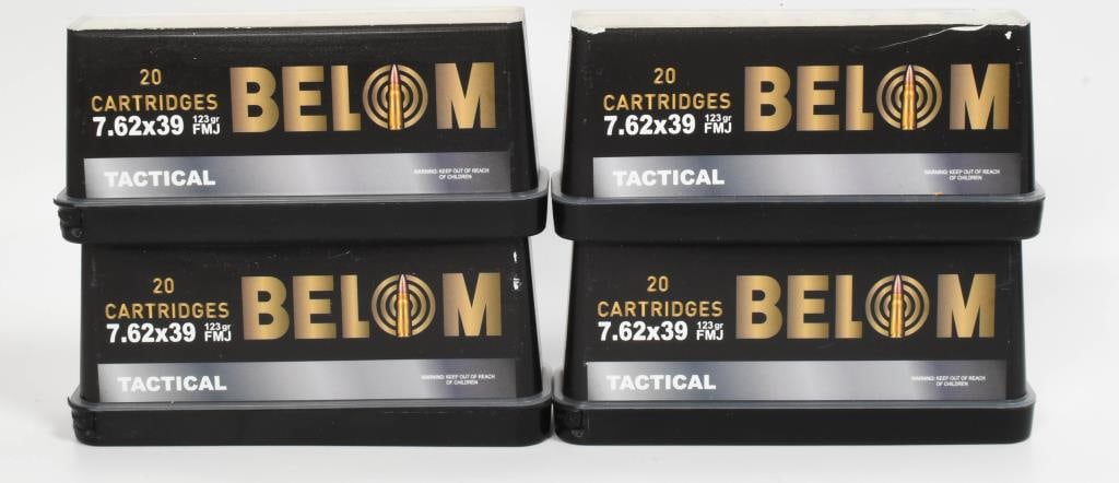 80 rds Belom 7.62 x 39 FMJ Tactical ammo: lot contains 4 plastic containers each holding 20 rounds of the Belom 7.62 x 39 123grain FMJ Tactical ammunition. Full metal jacket bullet, lead/antimony core. For military and law enforcement applica