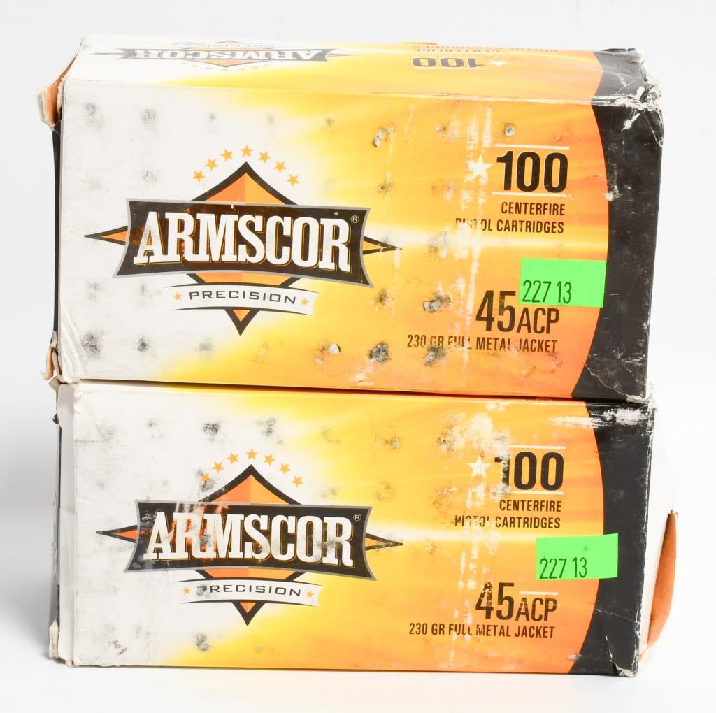 200 rds 45 ACP 230 GR FMJ ammo by Armscor: lot contains 2 boxes or 200 rounds of 45 ACP Armscor 230 grain Full Metal Jacket ammunition as shown in the pictures. Armscor Small Arms Ammunition line is one of the largest and most comprehensive in