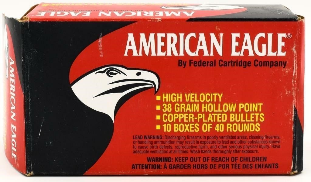 400 Rounds Federal American Eagle .22 LR Ammo: 400 Rounds Federal American Eagle .22 LR Ammo High Velocity 38 Grain Plated Lead Hollow Point American Eagle is designed specifically for target shooting, training and practice. It's loaded to the sam