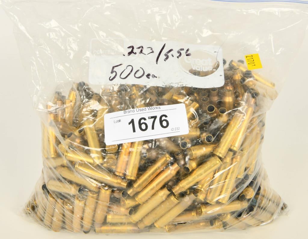 500 Count Of Empty .223/5.56 Brass Casings: Dont miss out! Up for auction is a lot of 500 empty .223 And 5.56 brass casings, ideal for reloading. These casings are perfect for your reloading needs