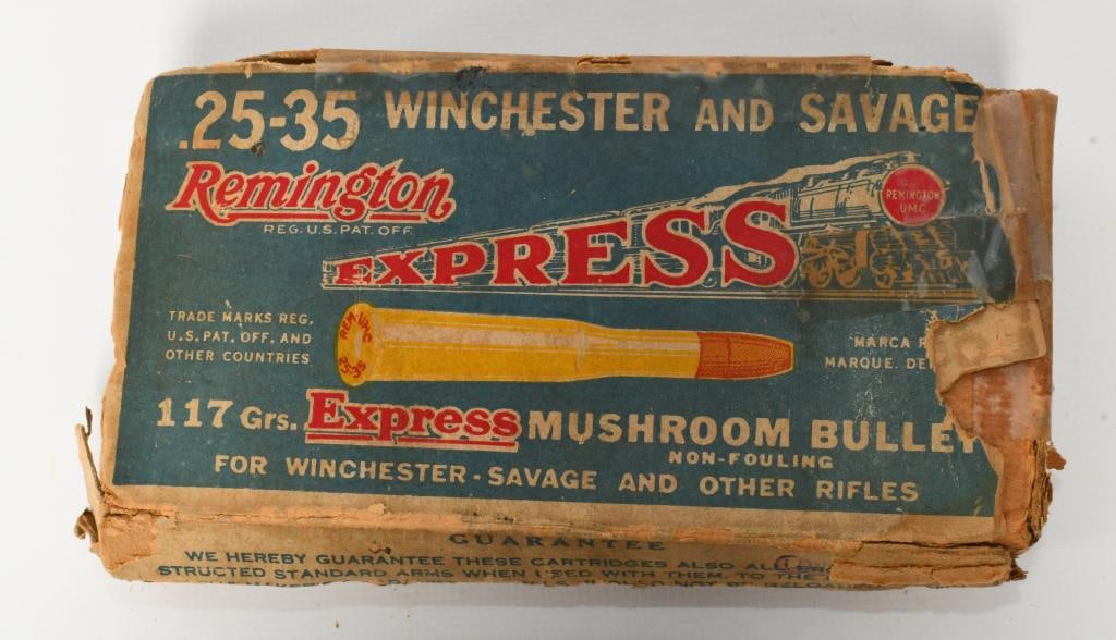 Collector Box of Remington Express .25-35: 13 Rounds and 3 cartridges of various Remington .25-35. Remington UMC Express Mushroom Bullet for Winchester - Savage and other Rifles.