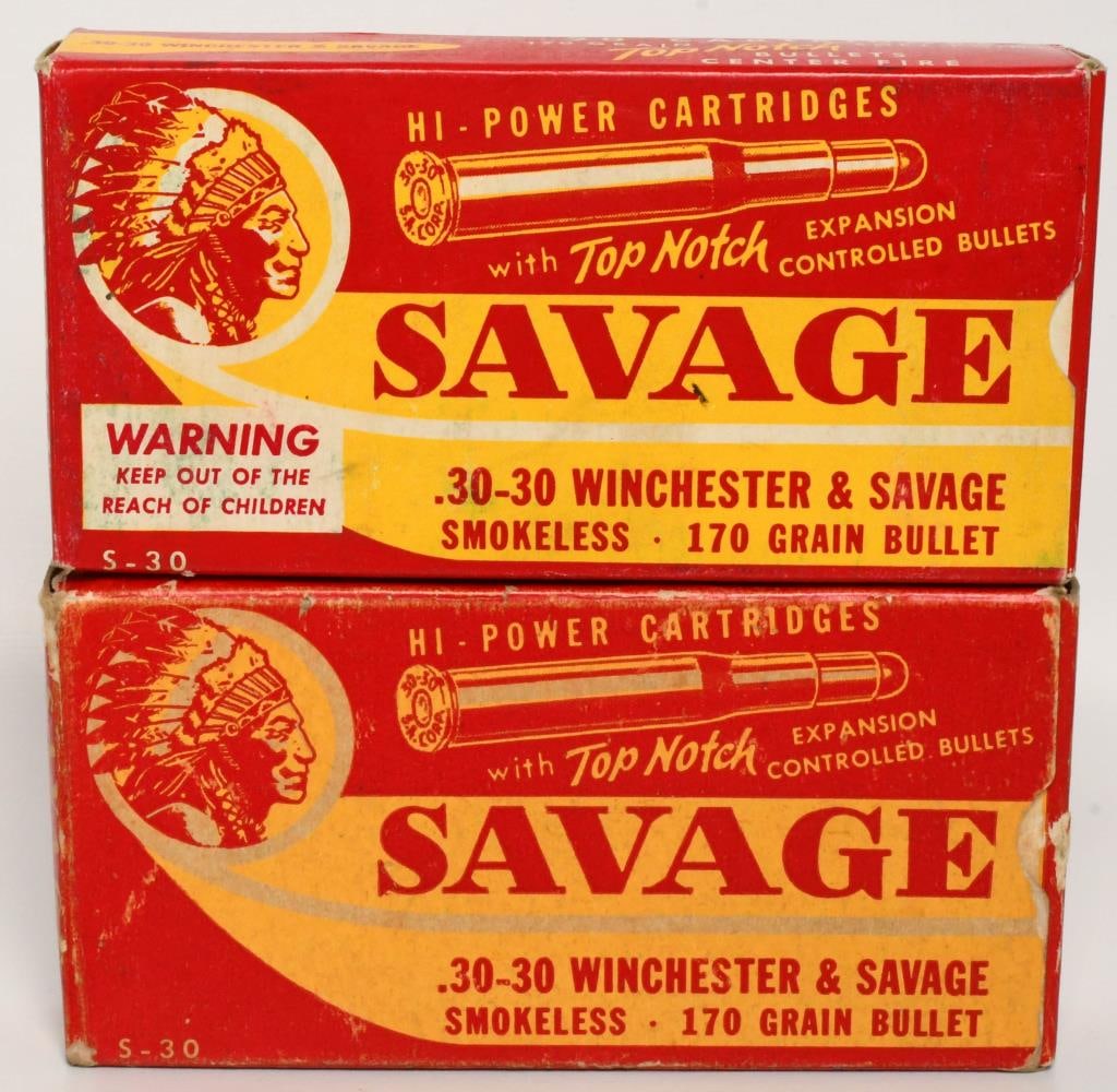 Collector Boxes of Savage .30-30 Winchester &: Savage; 27 Rounds of Savage .30-30 Winchester & Savage, 1 Round of 30-30 S.A. Corp. Boxes are Savage .30-30 Winchester & Savage Smokeless 170 Gr. Bullet Hi-Power Cartridges with "Expansion Controlled