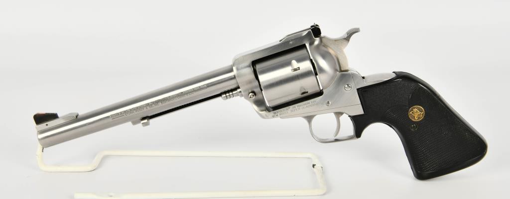 Ruger New Model Super Blackhawk .44 Magnum: Up Next We Have a Nice Stainless Ruger New Model Super Blackhawk Chambered in .44 Magnum, 7 1/2" Heavy Barrel, Pachmayr Grips, and Overall Appears in Excellent Condition. Serial #84-95540.