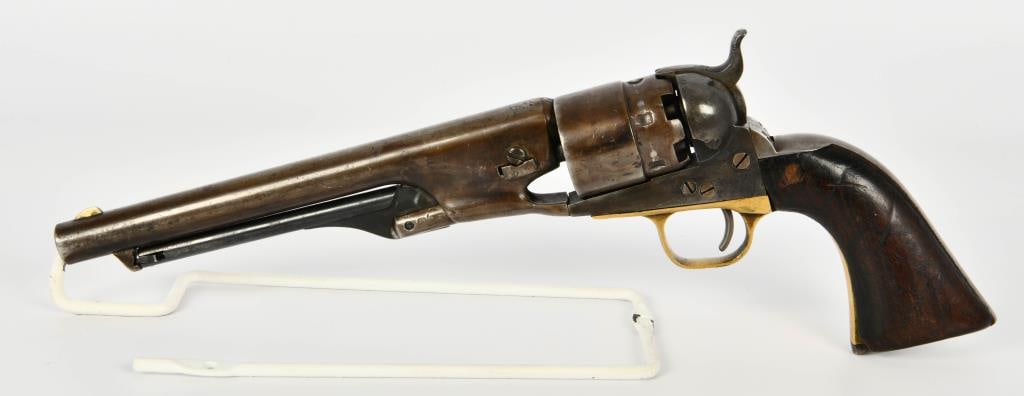 RARE Colt Model 1860 Army Revolver .44: Colt Model 1860 Army revolver .44 cal, serial number 136964 corresponds to 1863 production year. On barrel, "Address Col. Sam Colt New York U.S. America". Steel back strap and brass trigger guard, all