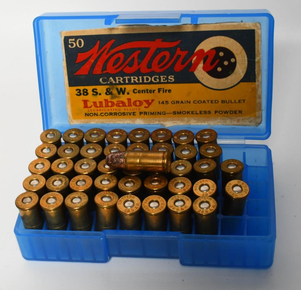 Collector Ammo of Western .38 S. & W.: 43 Rounds of Western .38 S. & W. Center Fire 145 Gr. Coated Bullet. Smokeless Powder. Rounds are stored in a Midway case with Original Partial Box.