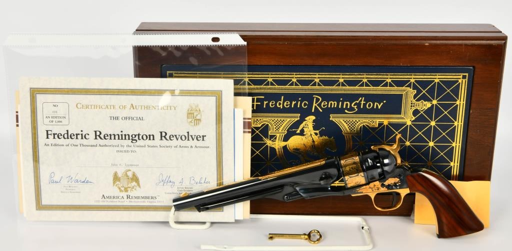 U.S. Historical Society Frederic Remington Commem.: Up Next We Have a U.S. Historical Society Frederic Remington Commemorative in Presentation Case With COA. A 1860 Army with "Frederic Remington 1861-1909" in Gold on barrel, Nice inlayed Cylinder. .44
